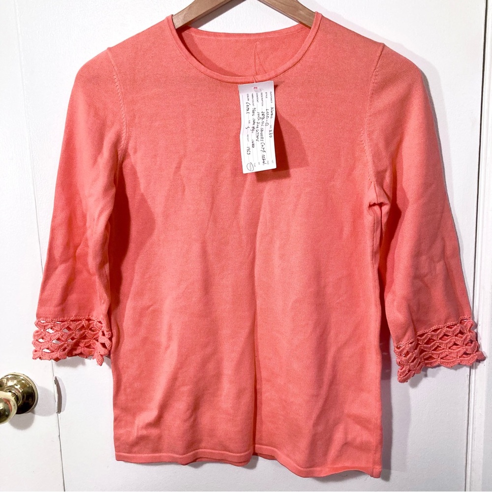 New Kinross Coral Pima Cotton Sweater Crochet Cuff 3/4 Sleeve